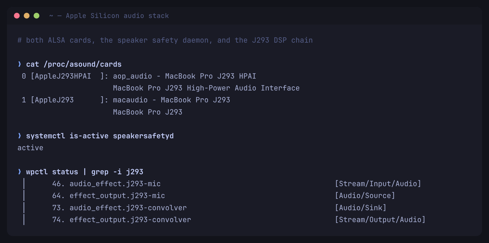 Terminal output listing both MacBook Pro J293 ALSA cards, speakersafetyd reported active, and the J293 convolver and microphone filter chains in PipeWire