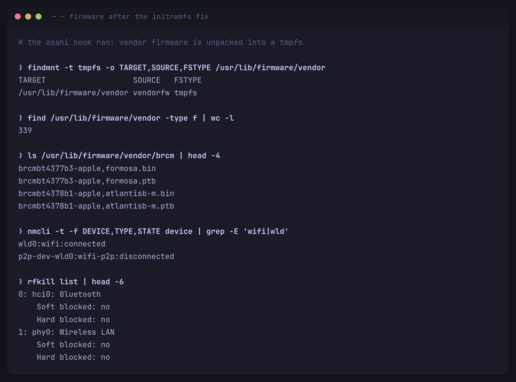 Terminal output showing the vendor firmware tmpfs mounted with 339 files, Broadcom firmware blobs present, Wi-Fi connected and neither radio blocked